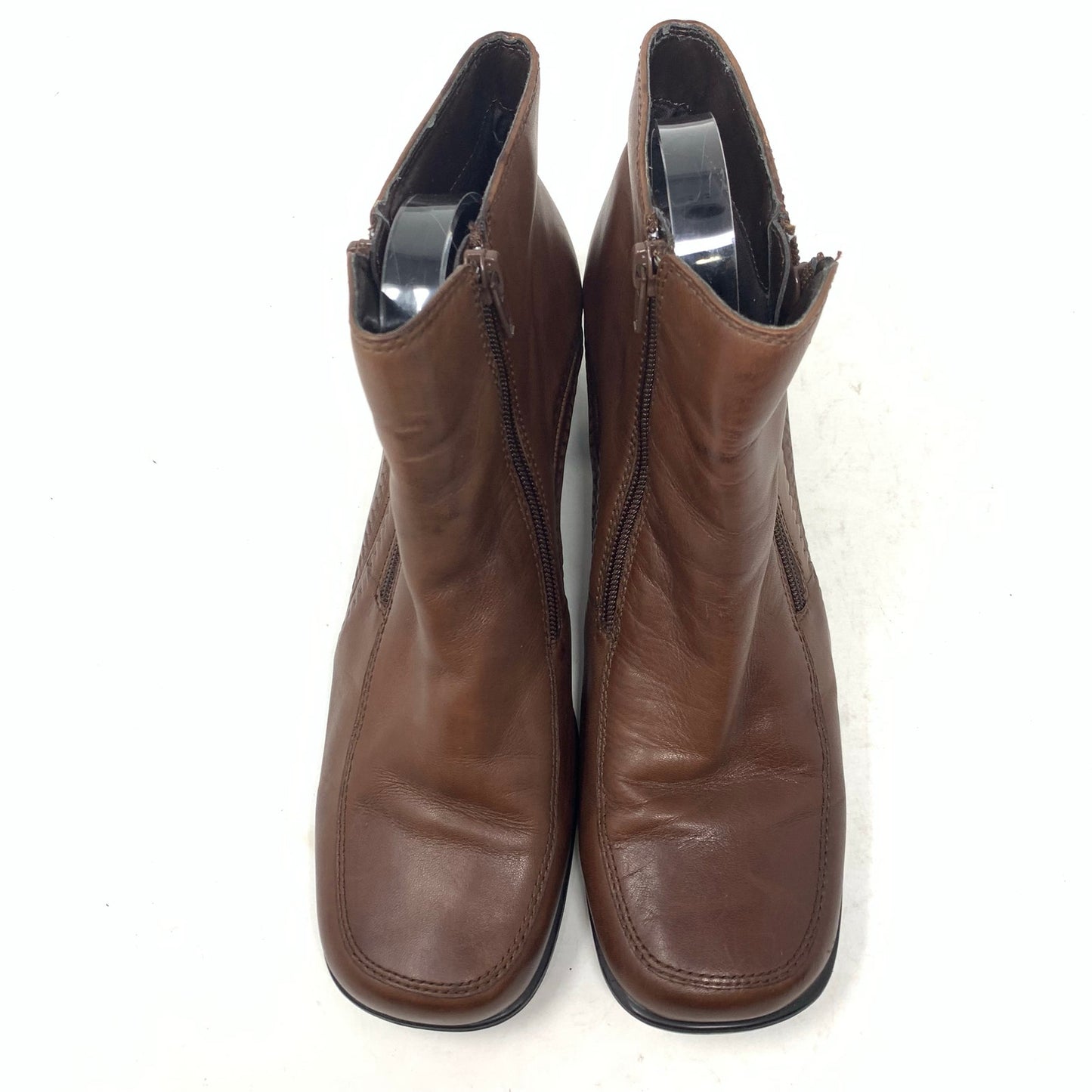 Vintage Y2K 90s Square Toe Brown Leather Side Zip Bootie Ankle Boot Sunburst 9.5