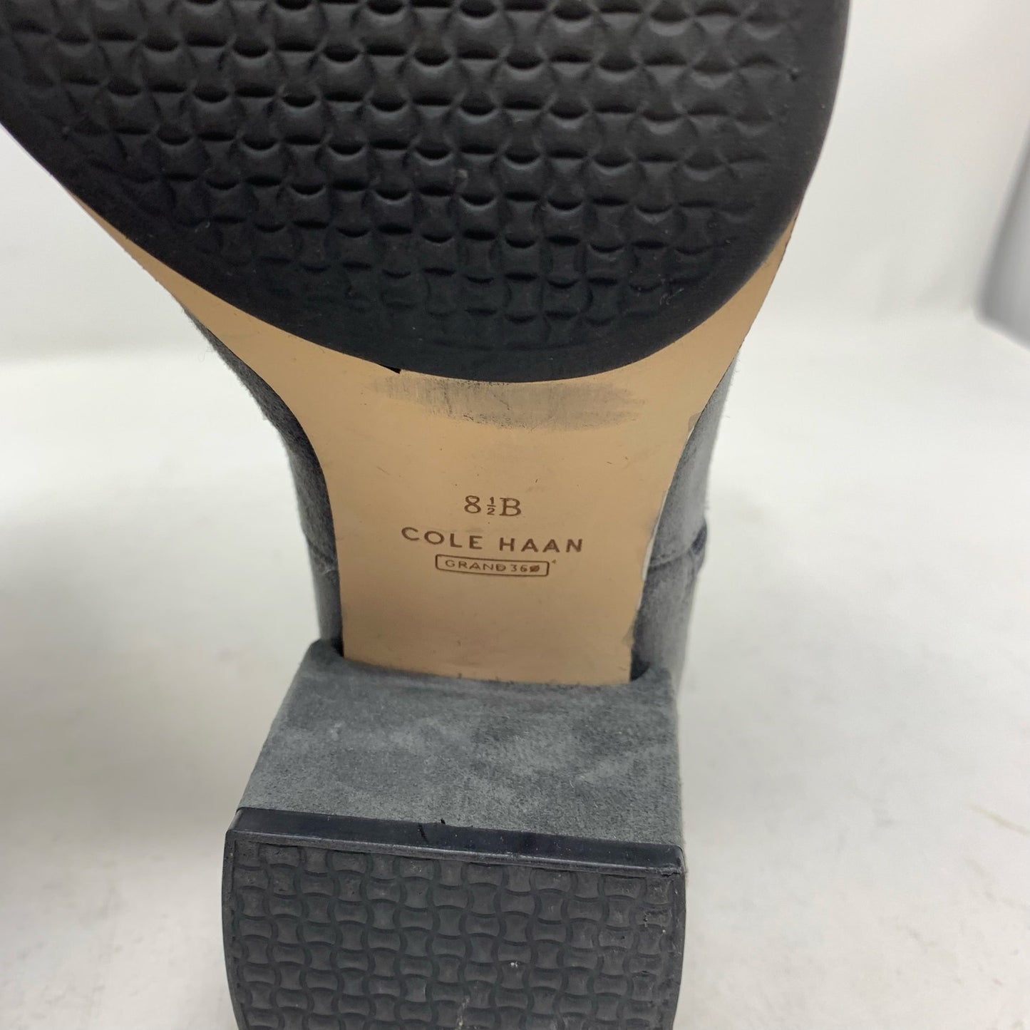Cole Haan Grand Ambition Holland Magnet Grey Suede Booties Block Heel Gold 8.5