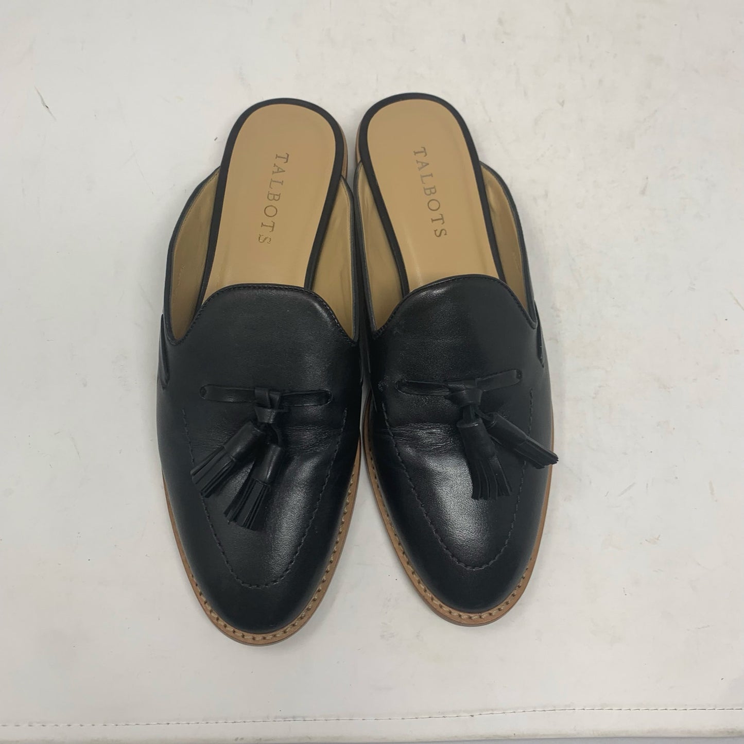 Talbots Leighton Black Leather Classic Mule Slide Loafer Toe Tassel Size 8