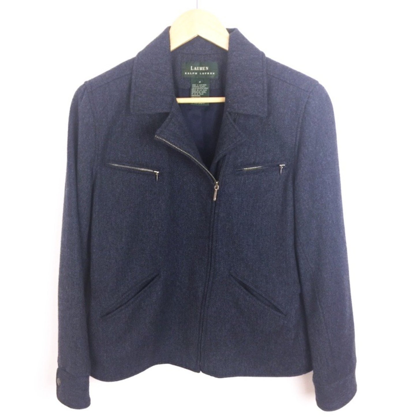 LRL Size 8 Slate Blue Moto Zip Jacket Asymmetric 100% Lambswool