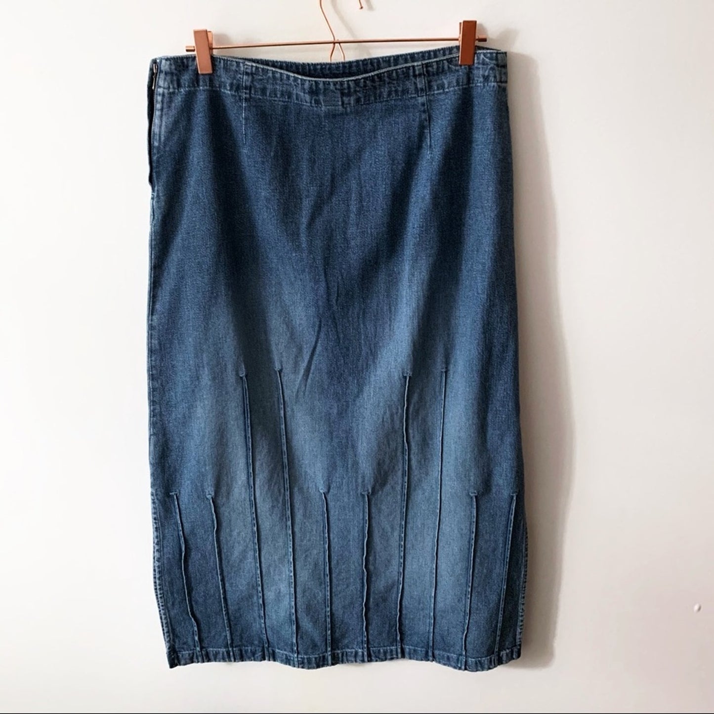 C & B Long Modest Blue Denim Skirt 12 Tuck Detail