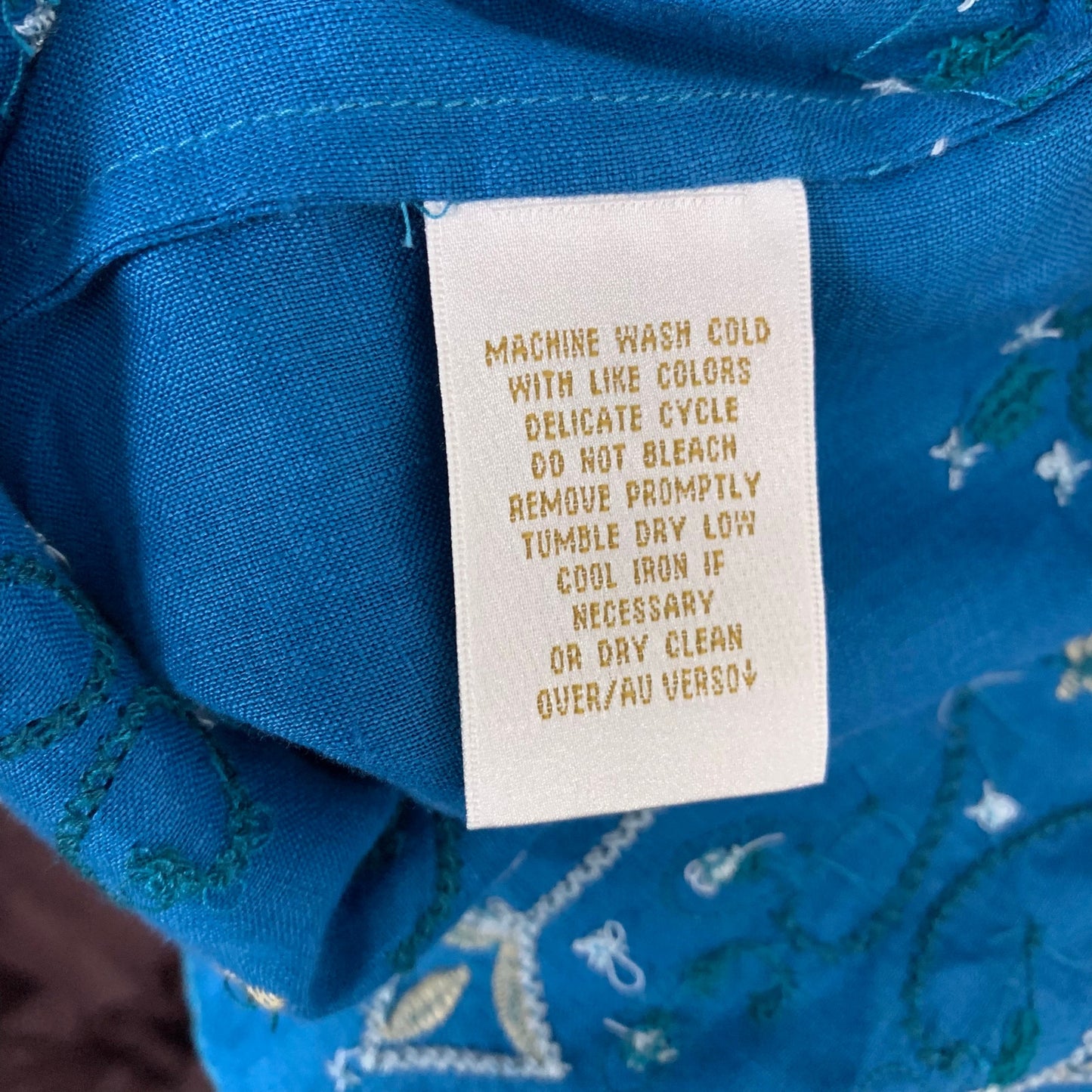 Dana Buchman Size 12 100% Linen Tunic Top Embroidered Teal Blue Long Sleeve