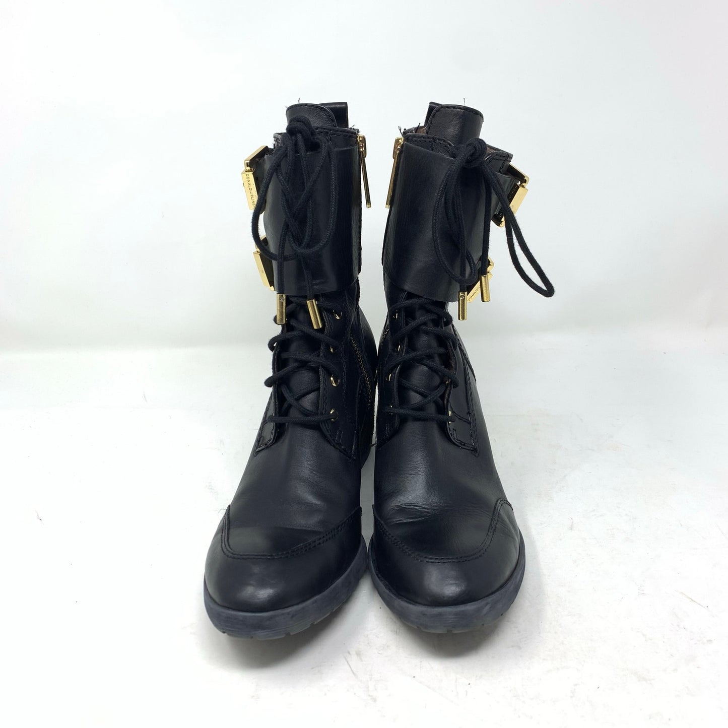 Donald J Pliner Black Leather Combat Boot Buckles Gold Detail Size 5.5 M