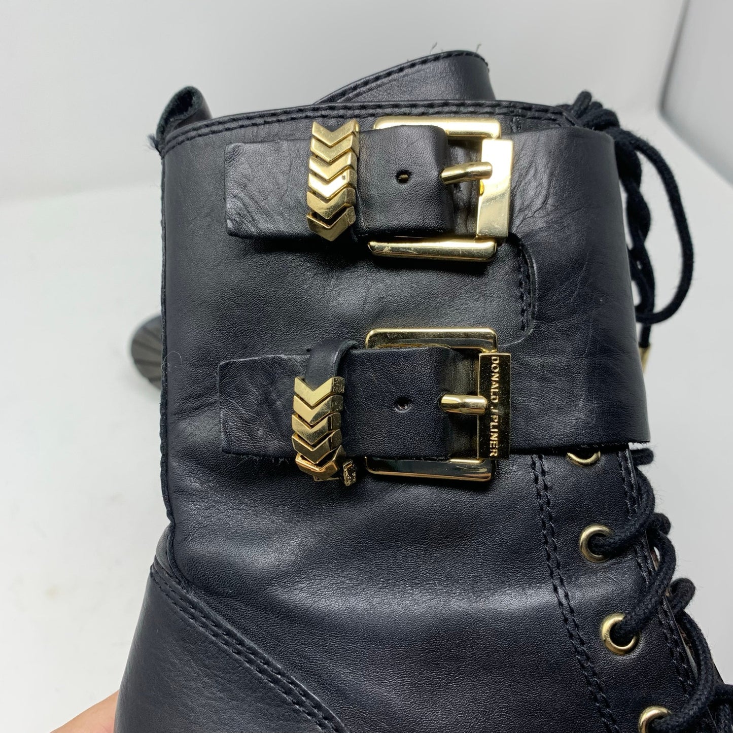 Donald J Pliner Black Leather Combat Boot Buckles Gold Detail Size 5.5 M