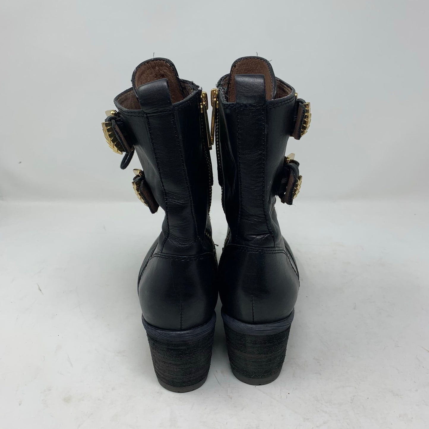 Donald J Pliner Black Leather Combat Boot Buckles Gold Detail Size 5.5 M