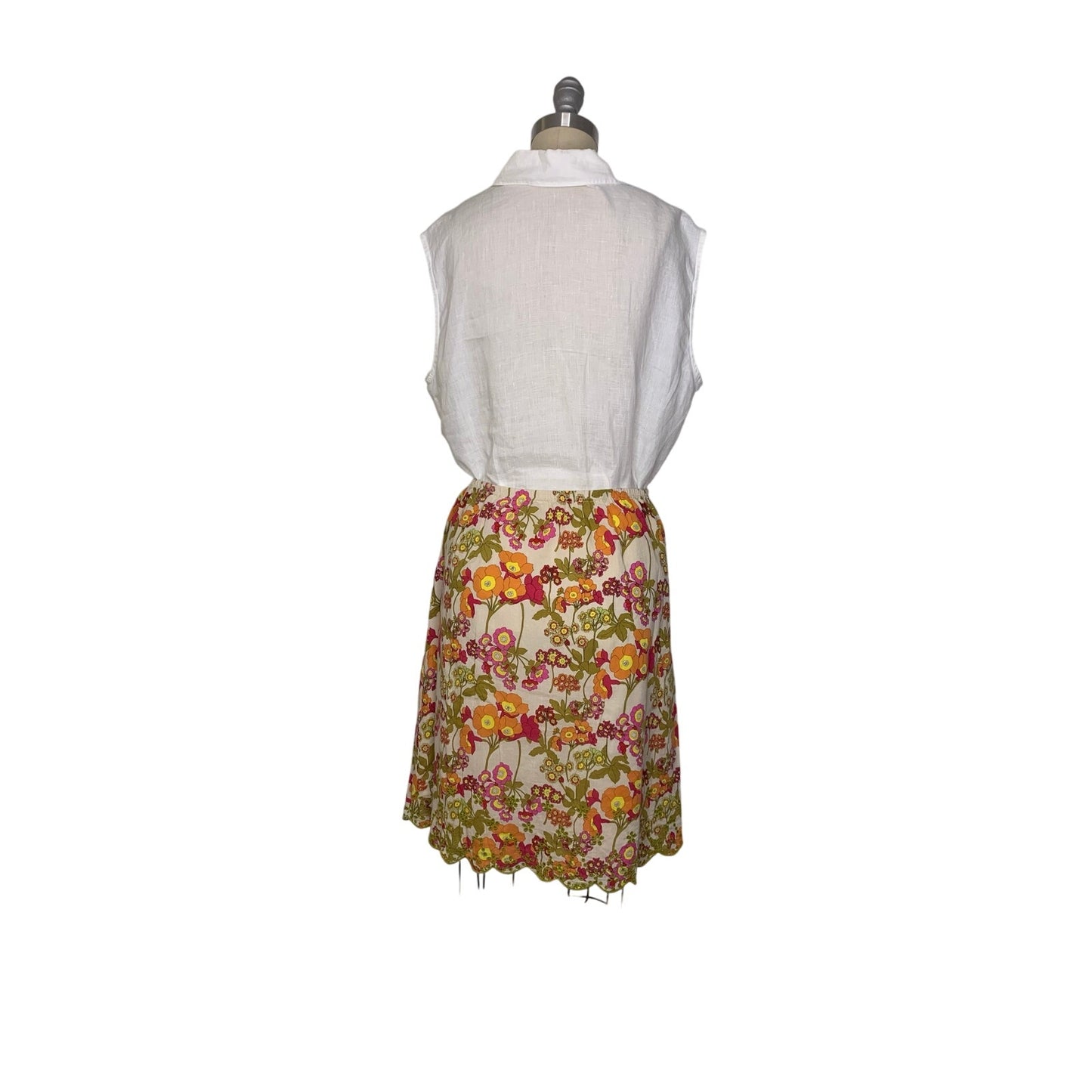 J Jill Retro Multi Color Orange Pink Floral Eyelet Scalloped Hem Cotton Skirt L