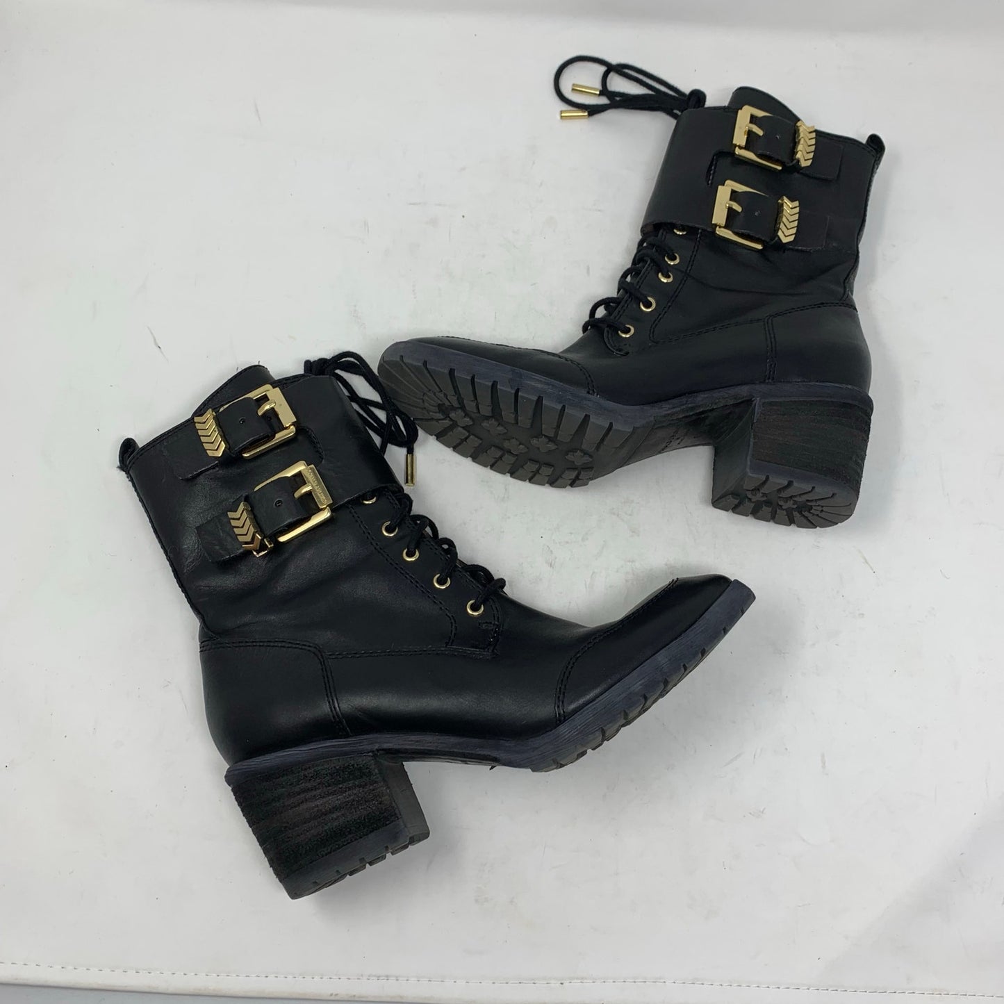 Donald J Pliner Black Leather Combat Boot Buckles Gold Detail Size 5.5 M