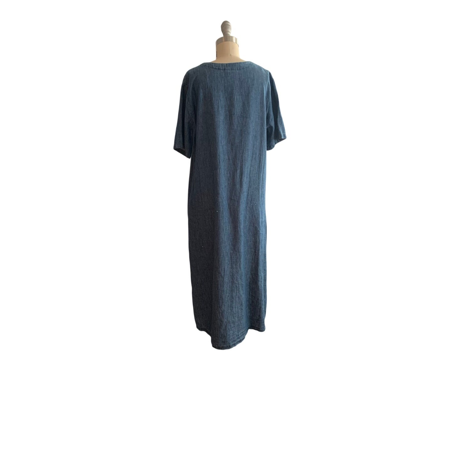 Liz Claiborne Size L Blue Chambray Linen Cotton Blend Maxi Dress Button Front V