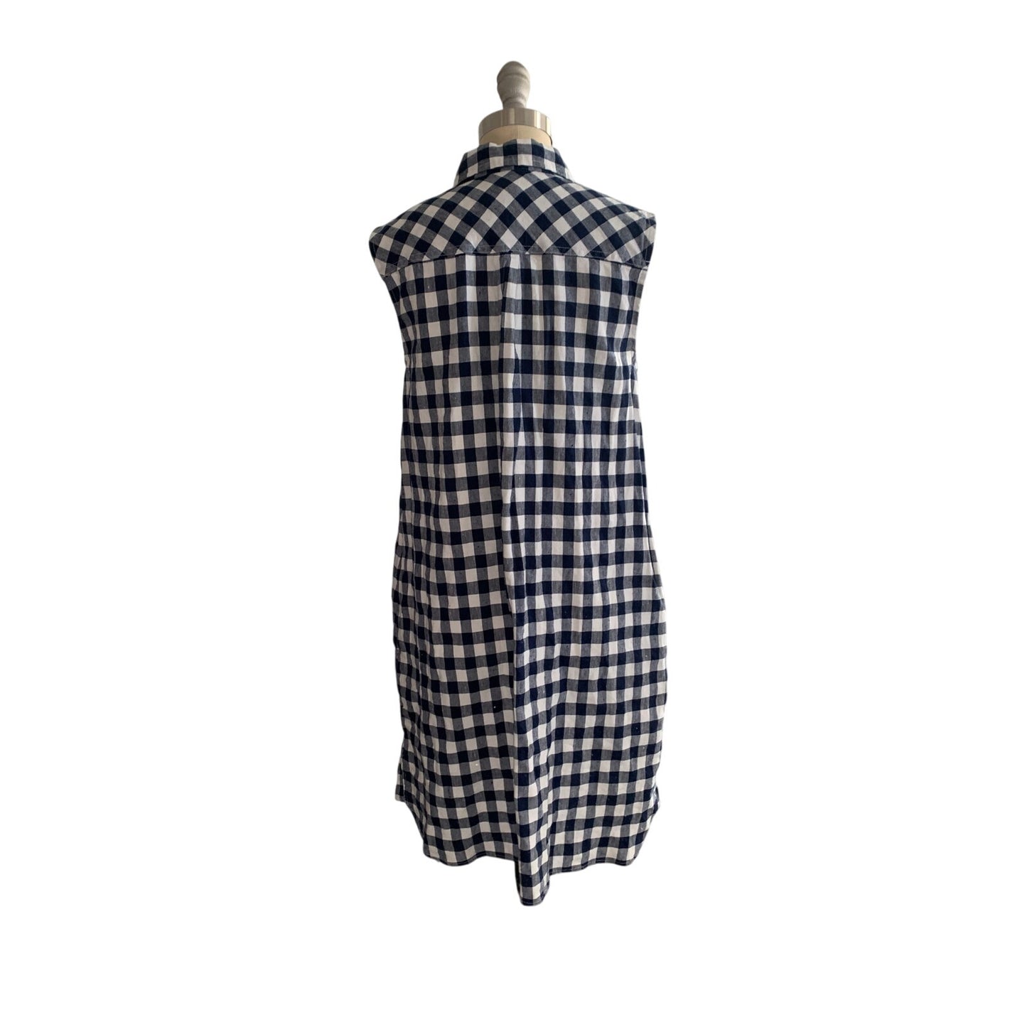 Lands End Size 8P Blue White Gingham Popover Sleeveless Shirtdress Linen Blend