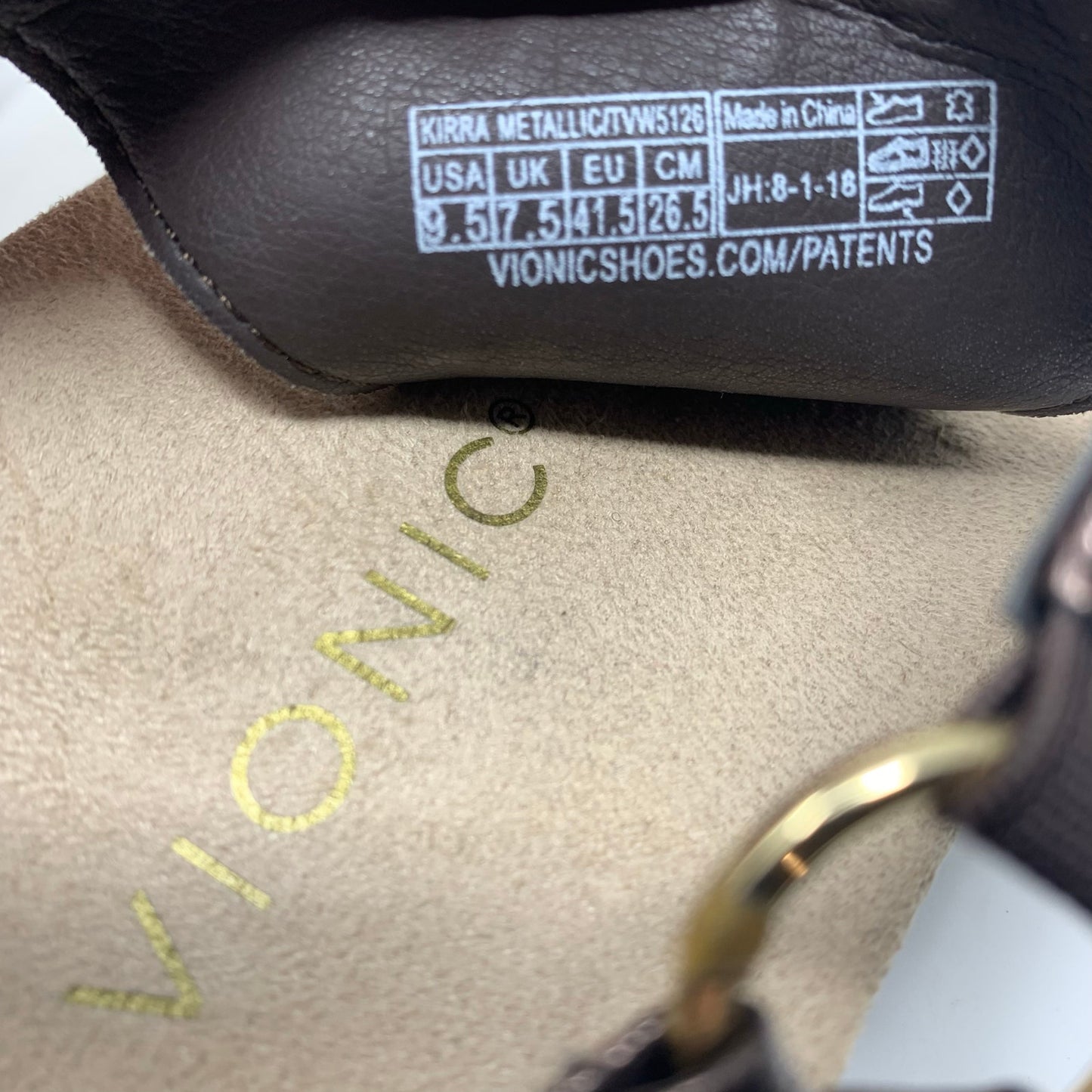 Vionic Kirra Size 9.5 Metallic Bronze Leather Slingback T Strap Toe Post Sandal