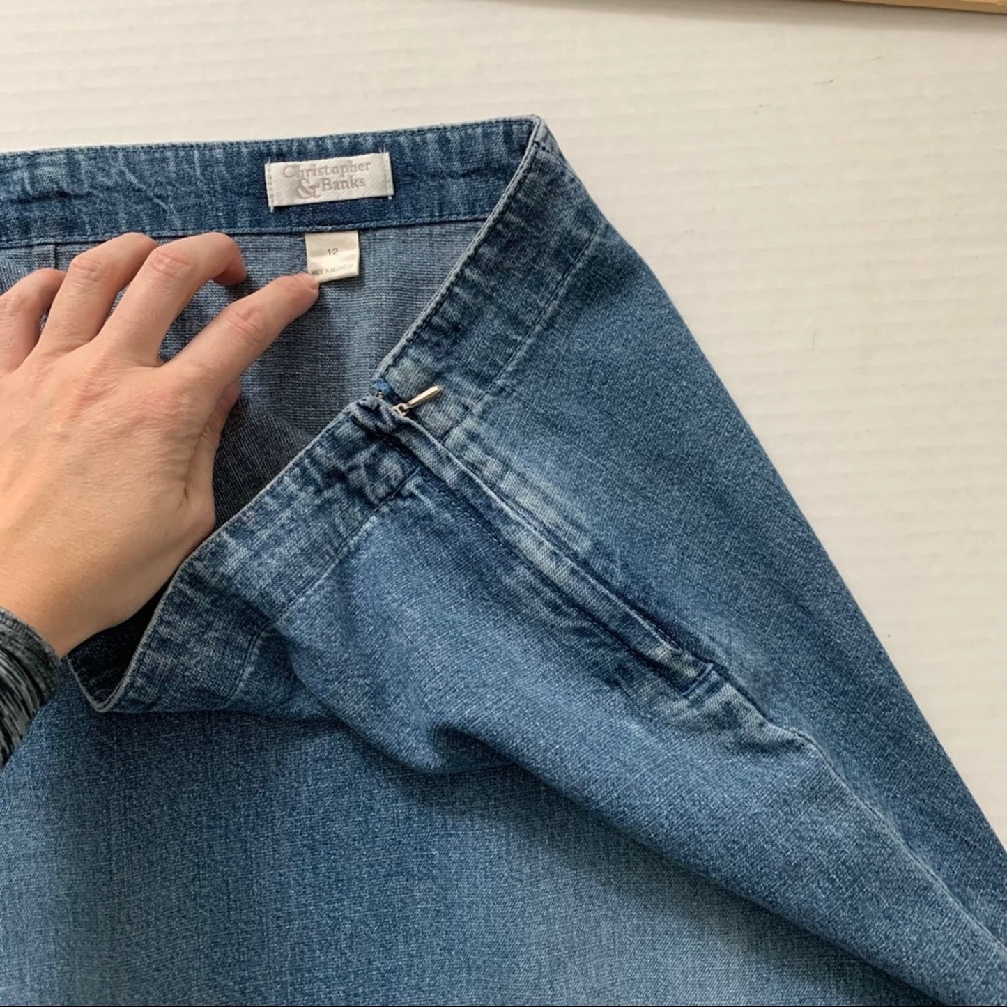 C & B Long Modest Blue Denim Skirt 12 Tuck Detail