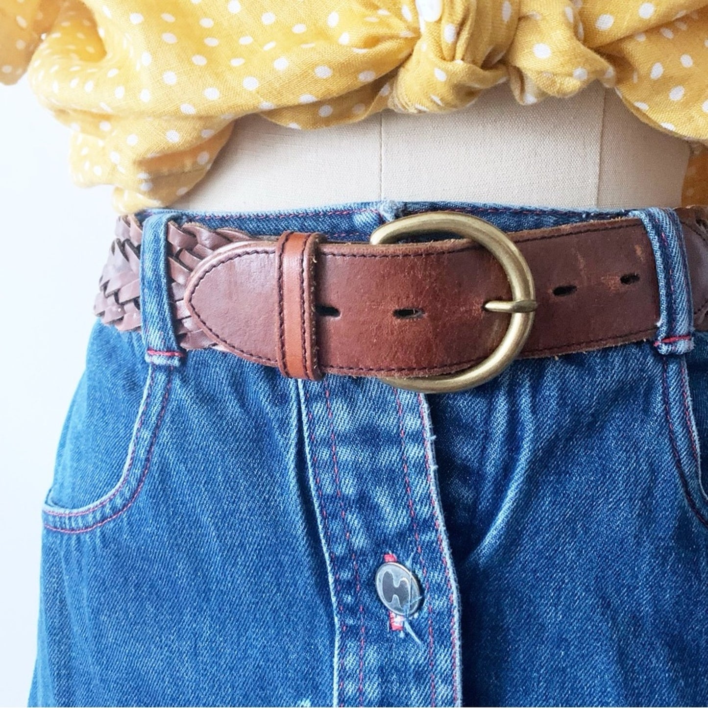 Vintage Lands End Brown Braided Woven Leather Belt Round Gold Buckle Size 26 USA