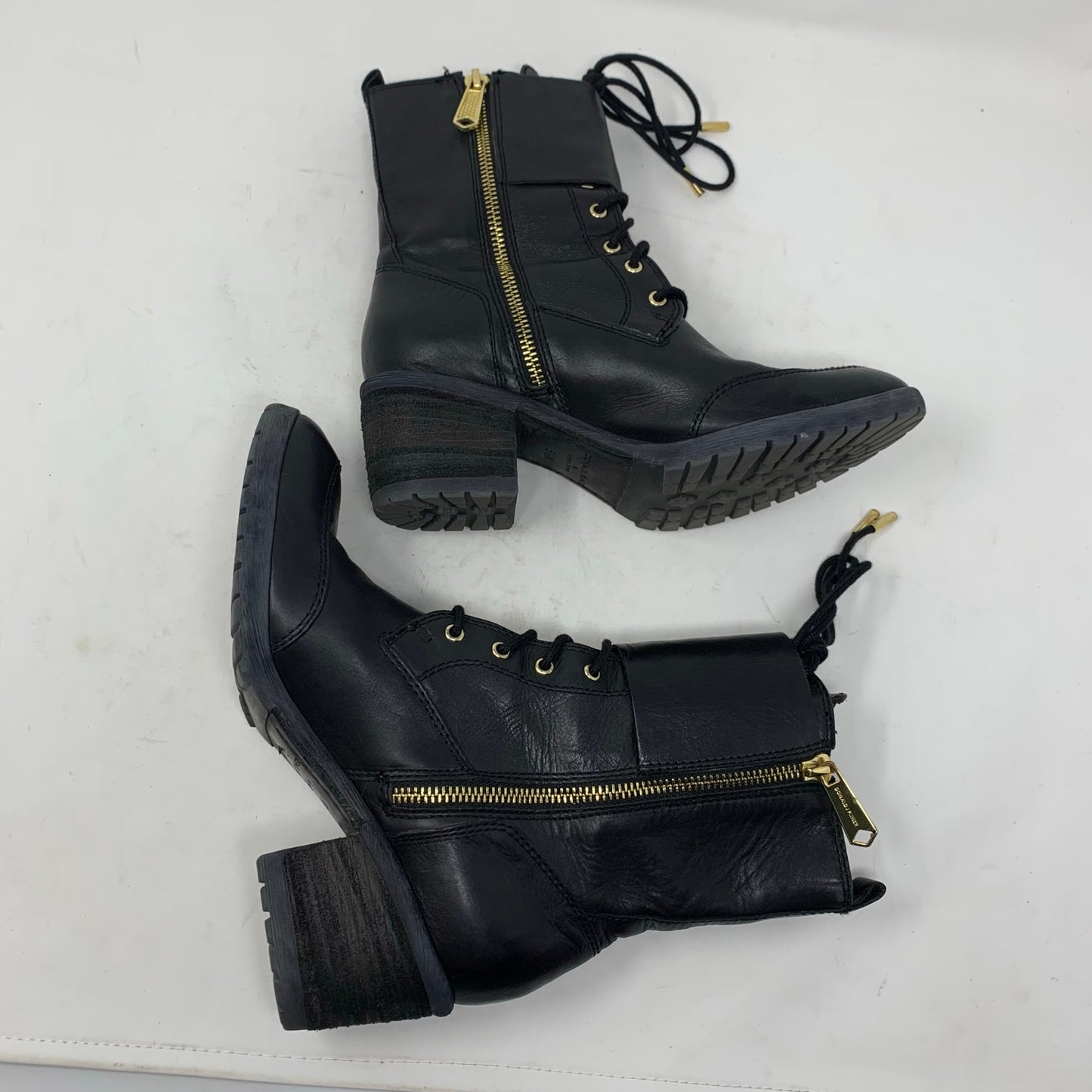 Donald J Pliner Black Leather Combat Boot Buckles Gold Detail Size 5.5 M