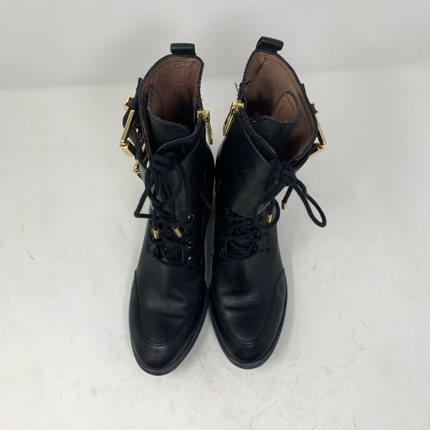 Donald J Pliner Black Leather Combat Boot Buckles Gold Detail Size 5.5 M