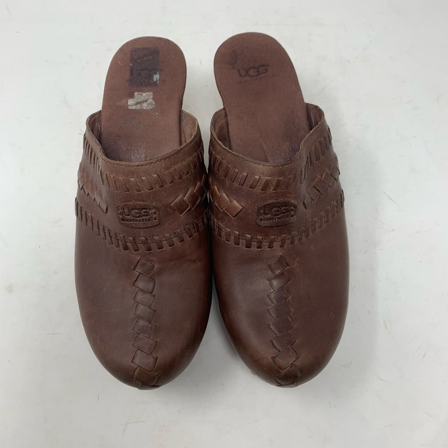 UGG Australia Vivica Brown Leather Clogs Mules Chunky Wood Sole Woven Size 8