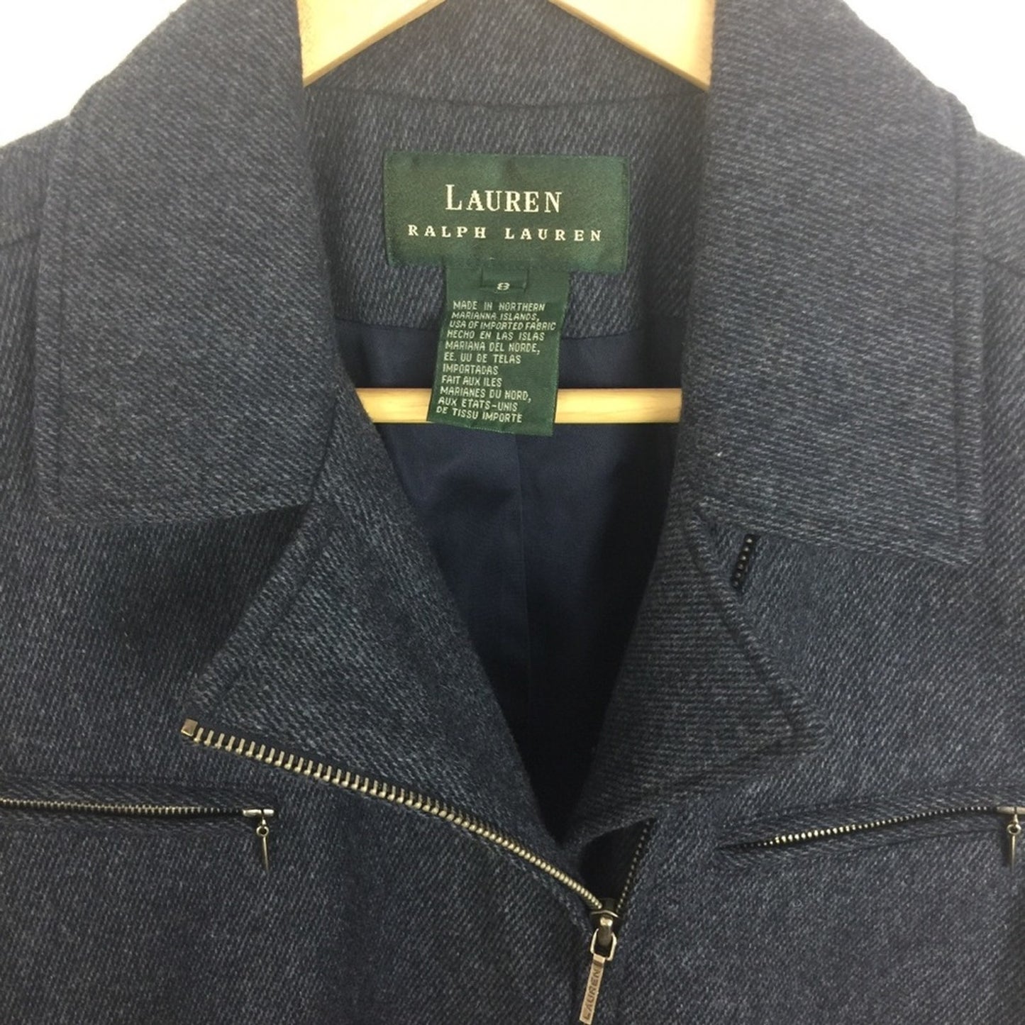 LRL Size 8 Slate Blue Moto Zip Jacket Asymmetric 100% Lambswool