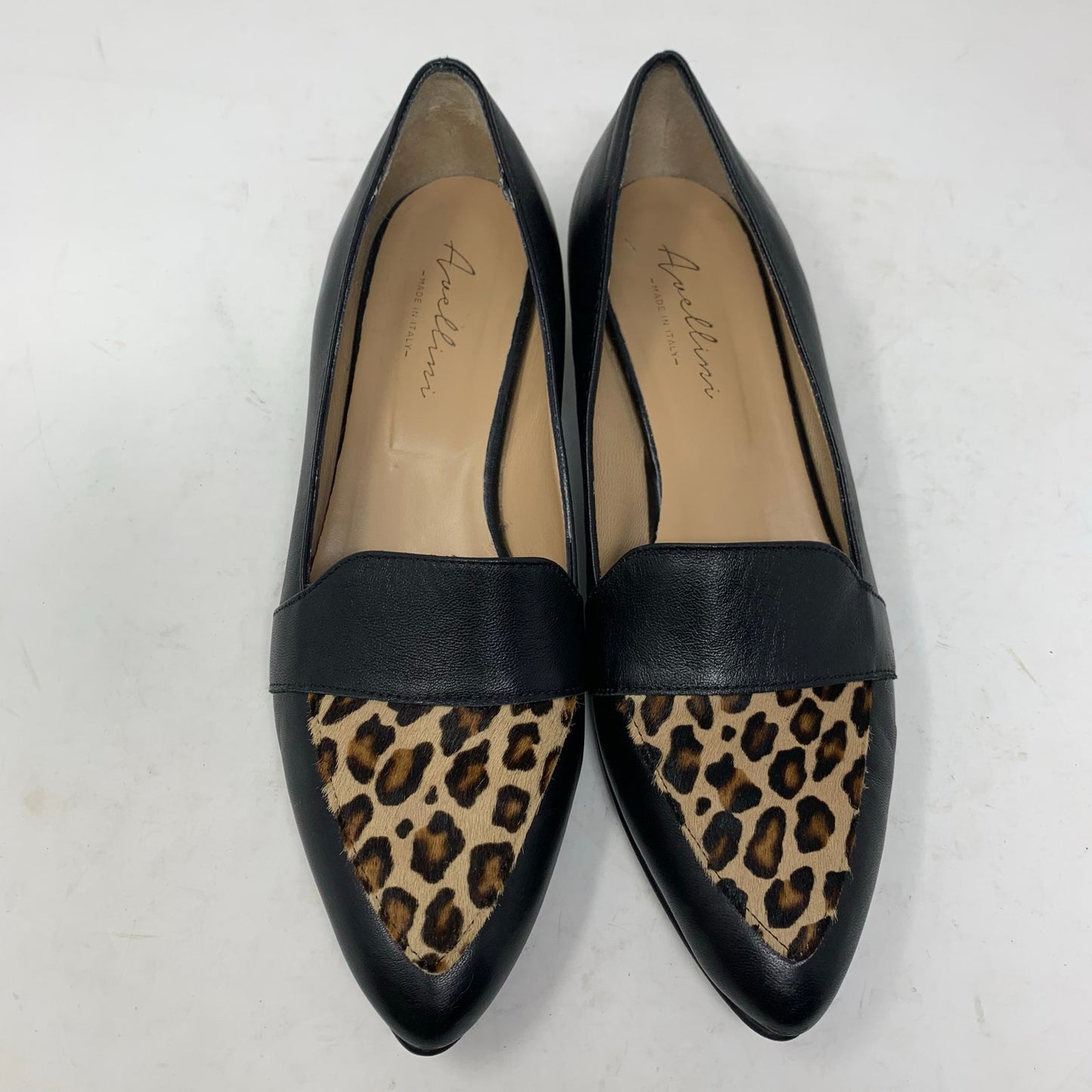 Avellini Black Leather Loafer Pointed Toe Calf Hair Animal Print 40 Made In Italy