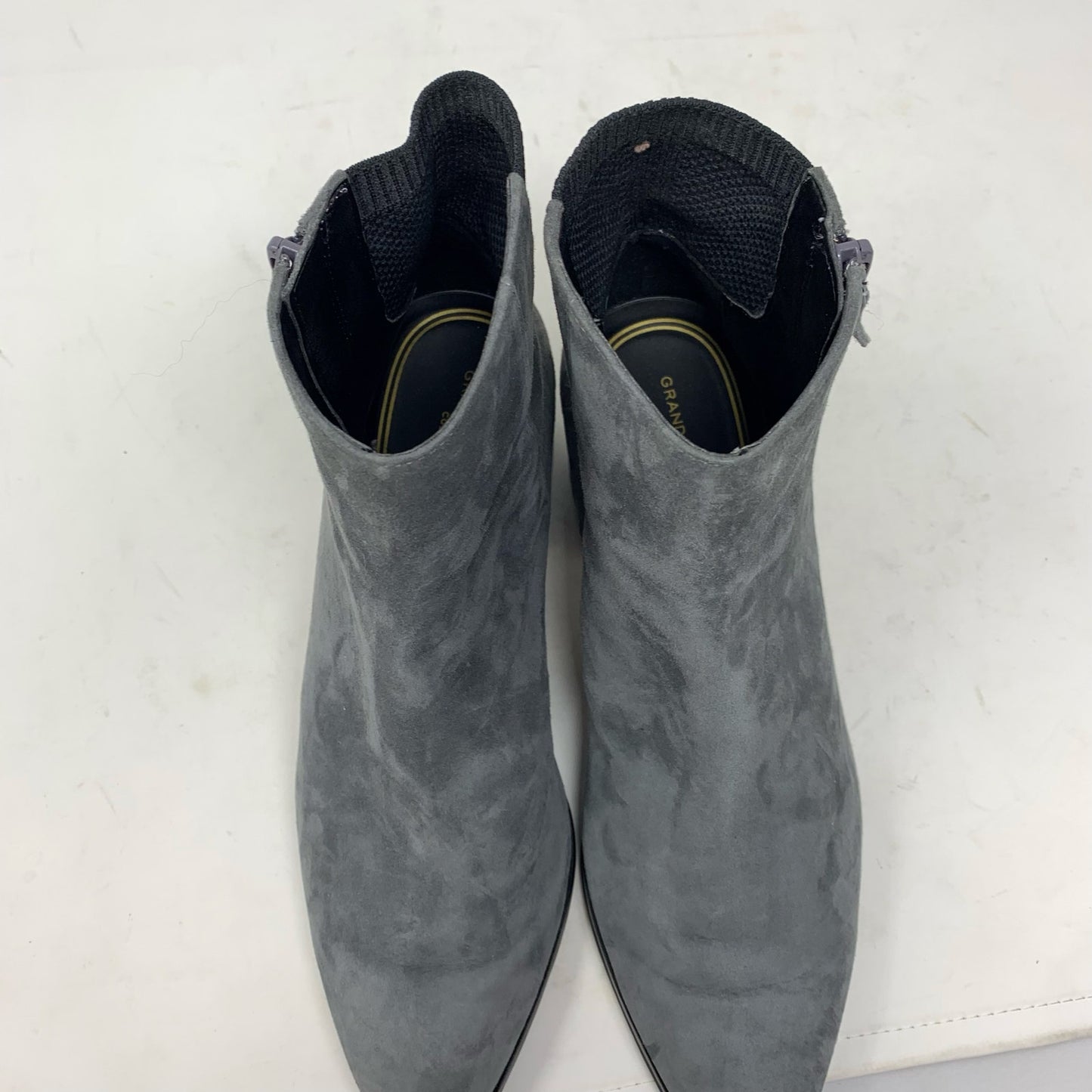 Cole Haan Grand Ambition Holland Magnet Grey Suede Booties Block Heel Gold 8.5