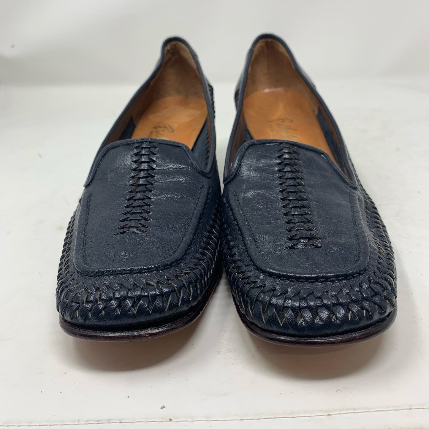 Bullock’s Made in Italy Navy Blue Leather Braided Woven Loafer Stacked Heel 9 N