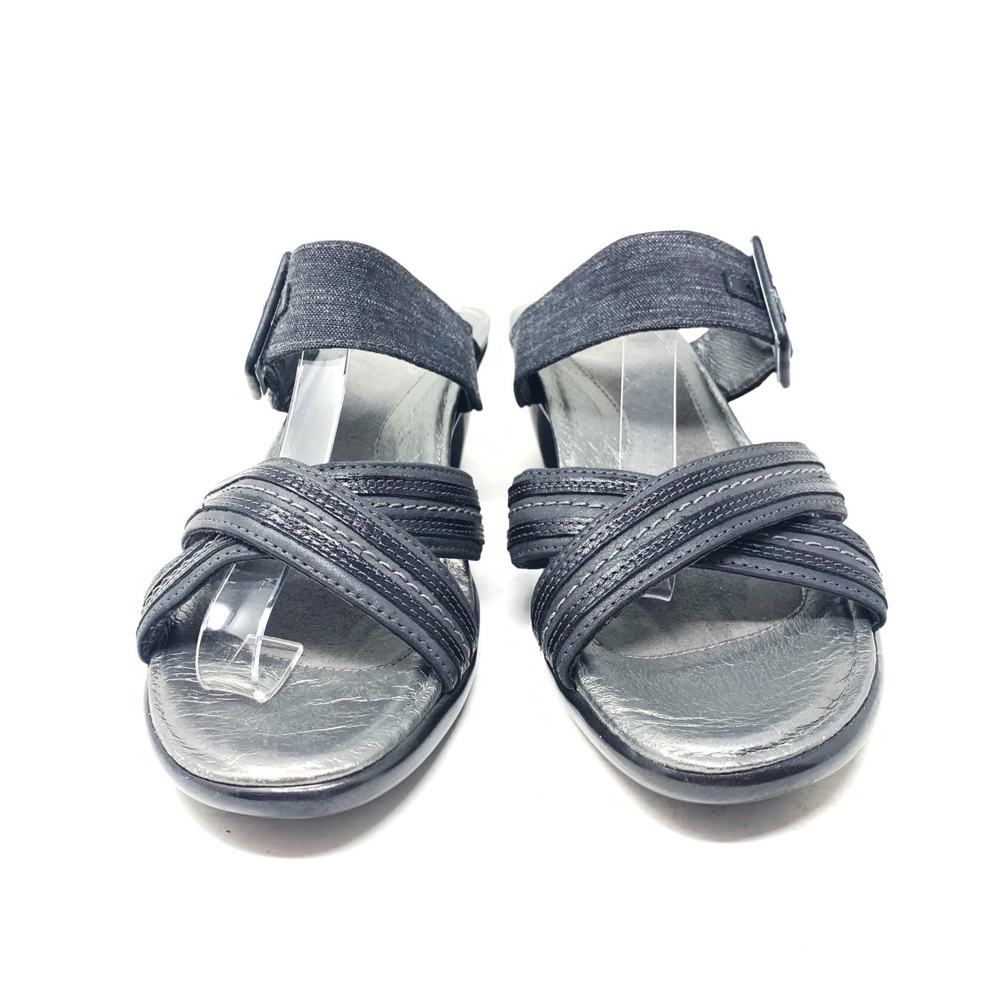 NAOT Marvel Black Leather Fabric Strappy Slide Sandal Mid Heel EU Size 39 Buckle