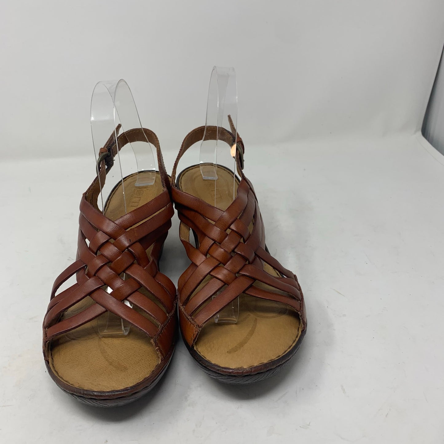 Born Valakas Size 9 Brown Leather Strappy Woven Sandals Slingback Mid Heel