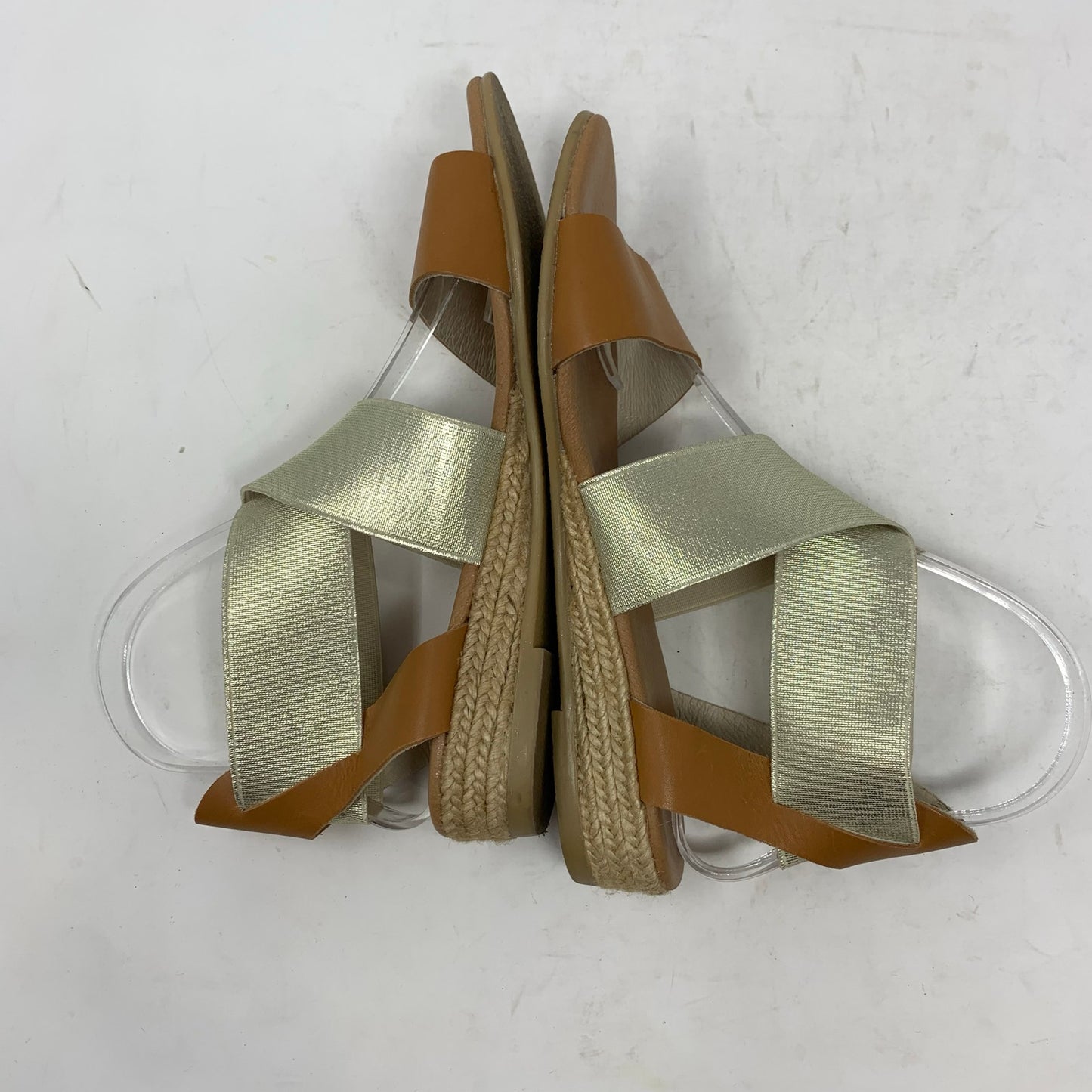 Andre Assous  Tan Leather Metallic Gold Wedge Espadrille Sandal Strappy Size 37