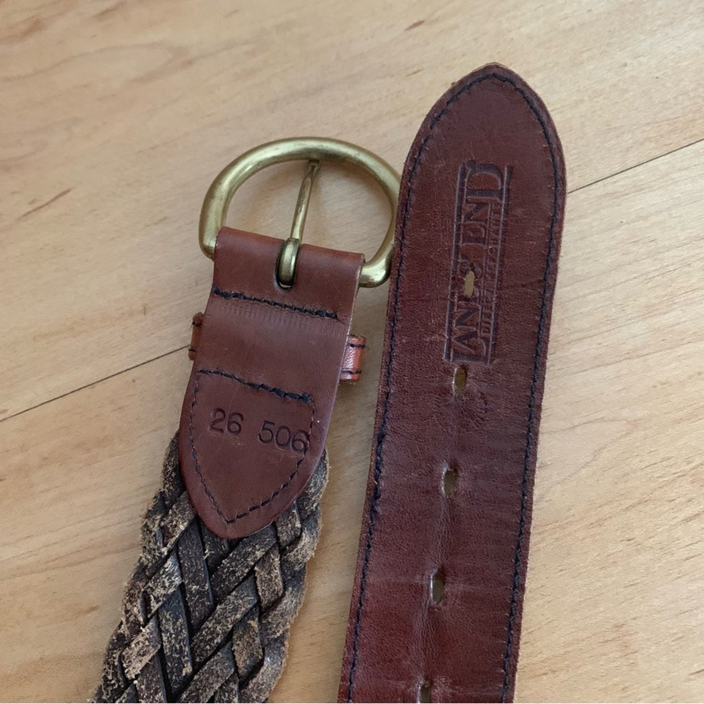Vintage Lands End Brown Braided Woven Leather Belt Round Gold Buckle Size 26 USA
