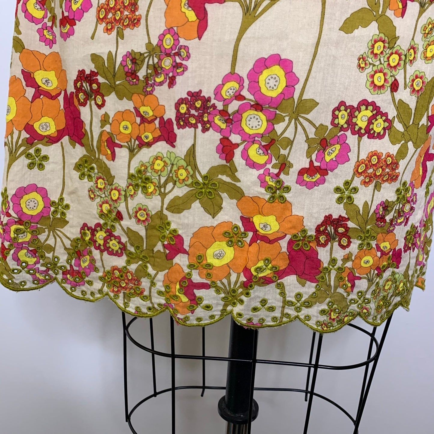 J Jill Retro Multi Color Orange Pink Floral Eyelet Scalloped Hem Cotton Skirt L