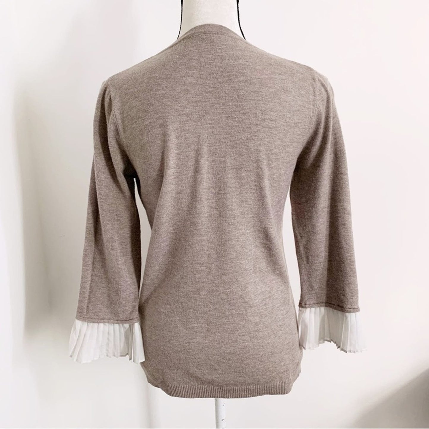 Vita Milano M Wool Blend Sweater Light Brown Pleated Chiffon Cuffs 3/4 Sleeve