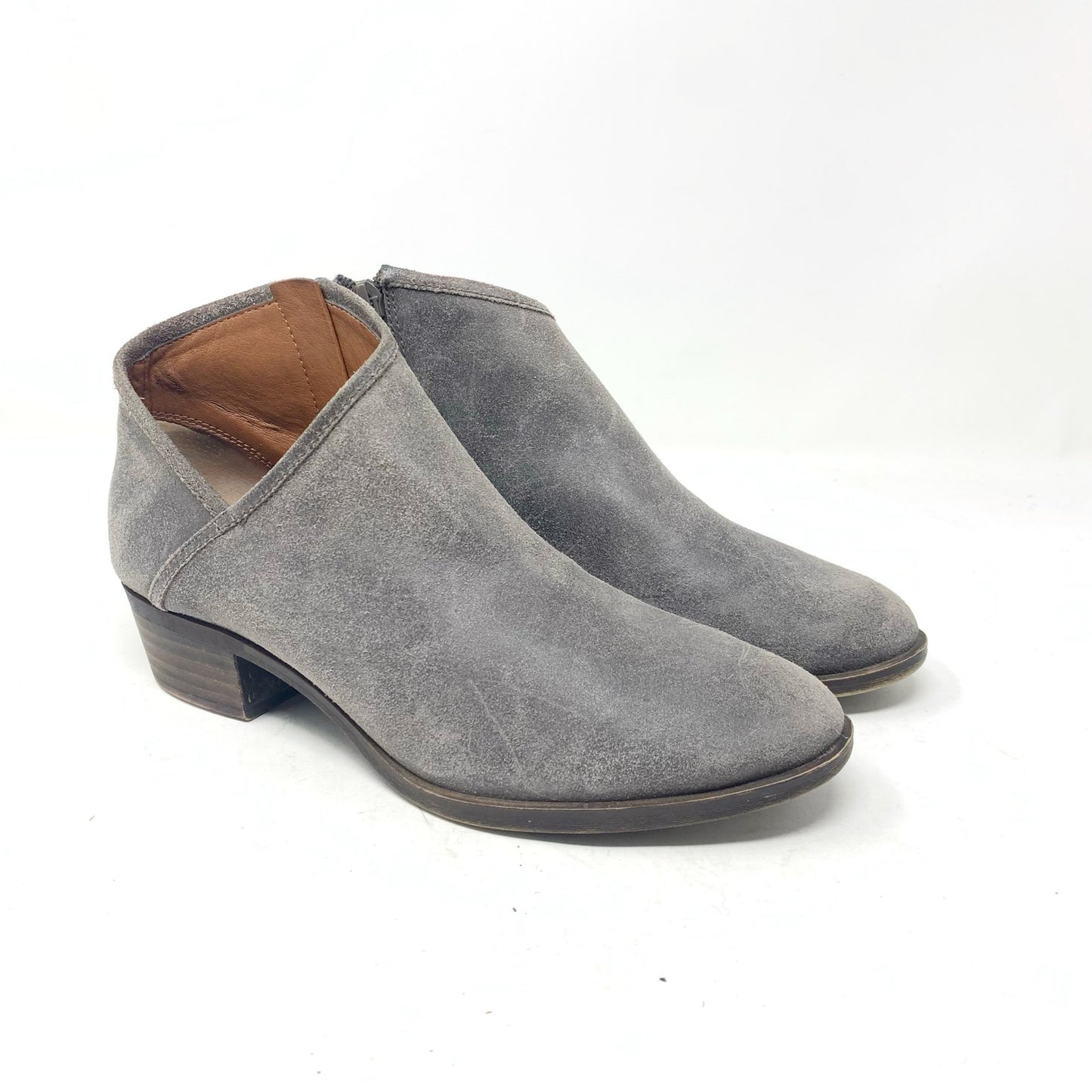 Lucky Brand Brekke Size 8 Grey Suede Ankle Boots Side Zip Asymmetrical Booties