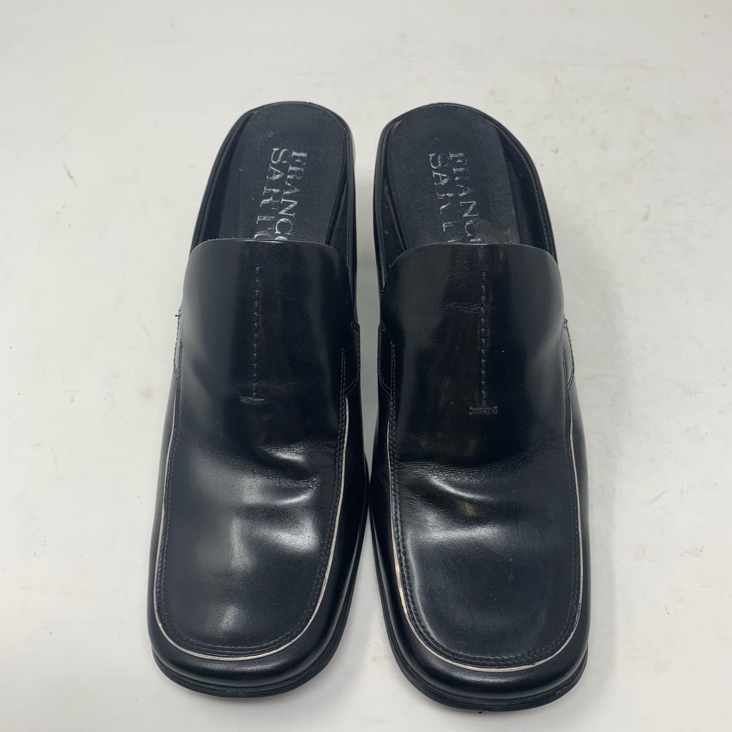 Franco Sarto Black Leather Square Toe Mules Block Heel White Piping Y2K Size 8.5