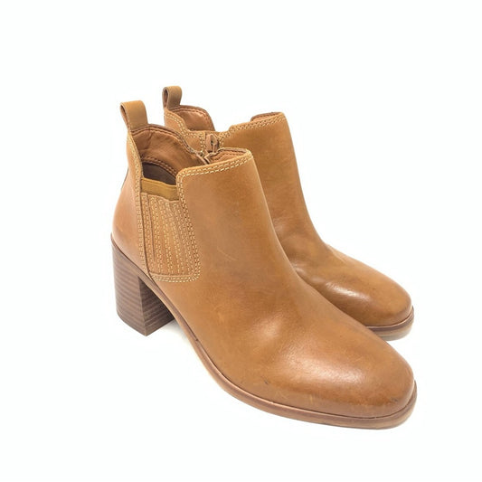 Lucky Brand Debruh Chunky Block Heel Ankle Boot Tan Leather Retro 70s Side Zip