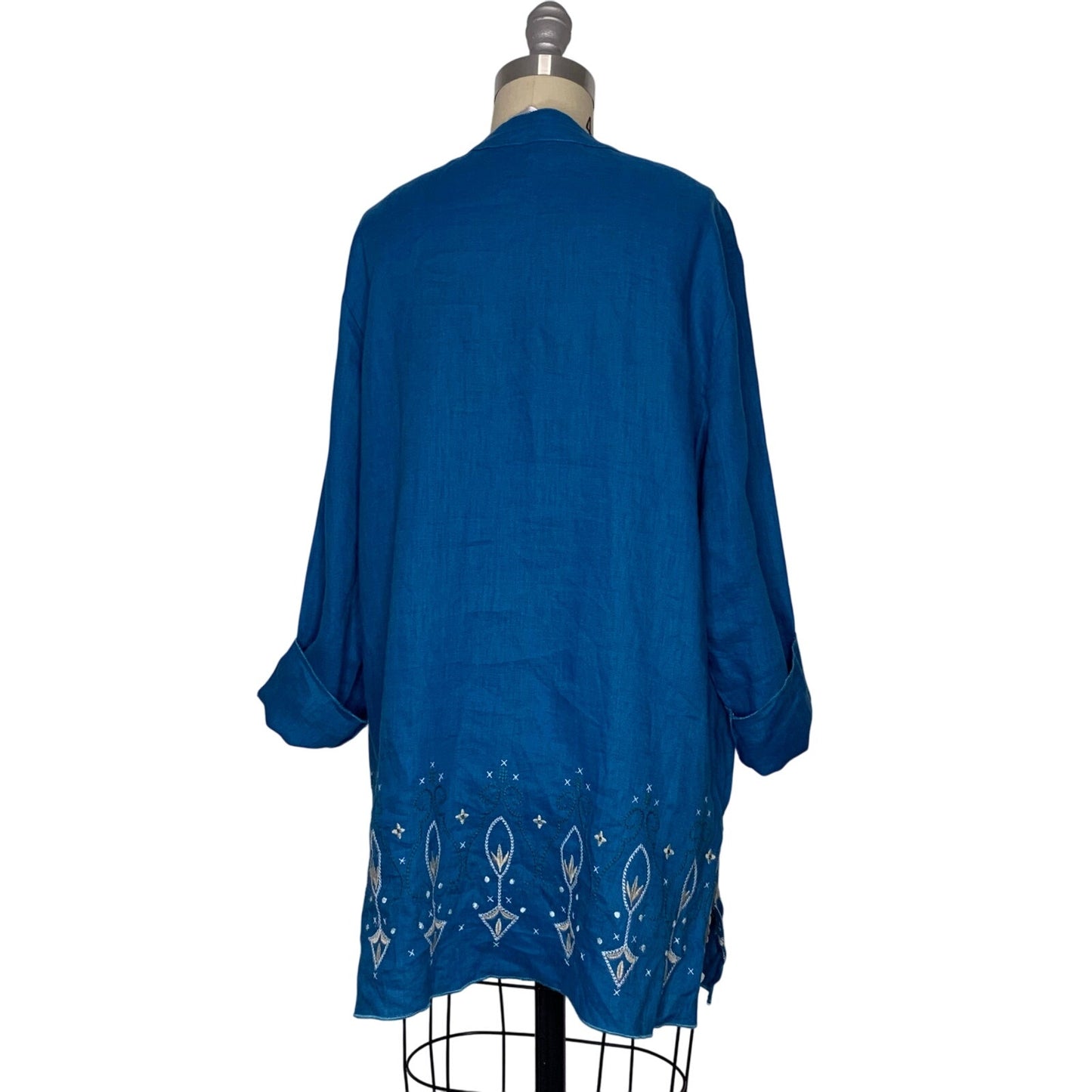 Dana Buchman Size 12 100% Linen Tunic Top Embroidered Teal Blue Long Sleeve