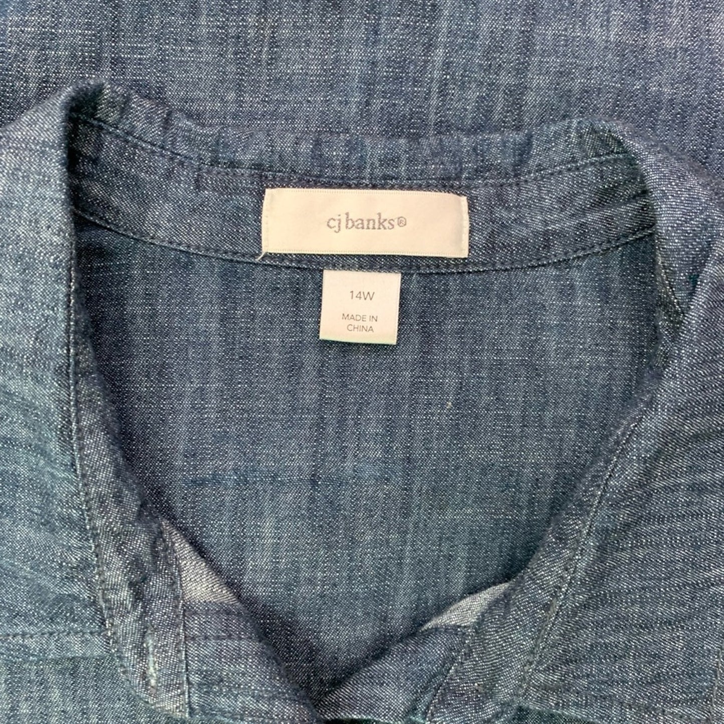 CJ Banks Blue Chambray 100% Cotton Shirtdress Button Drawstring Tab Sleeve 14 W