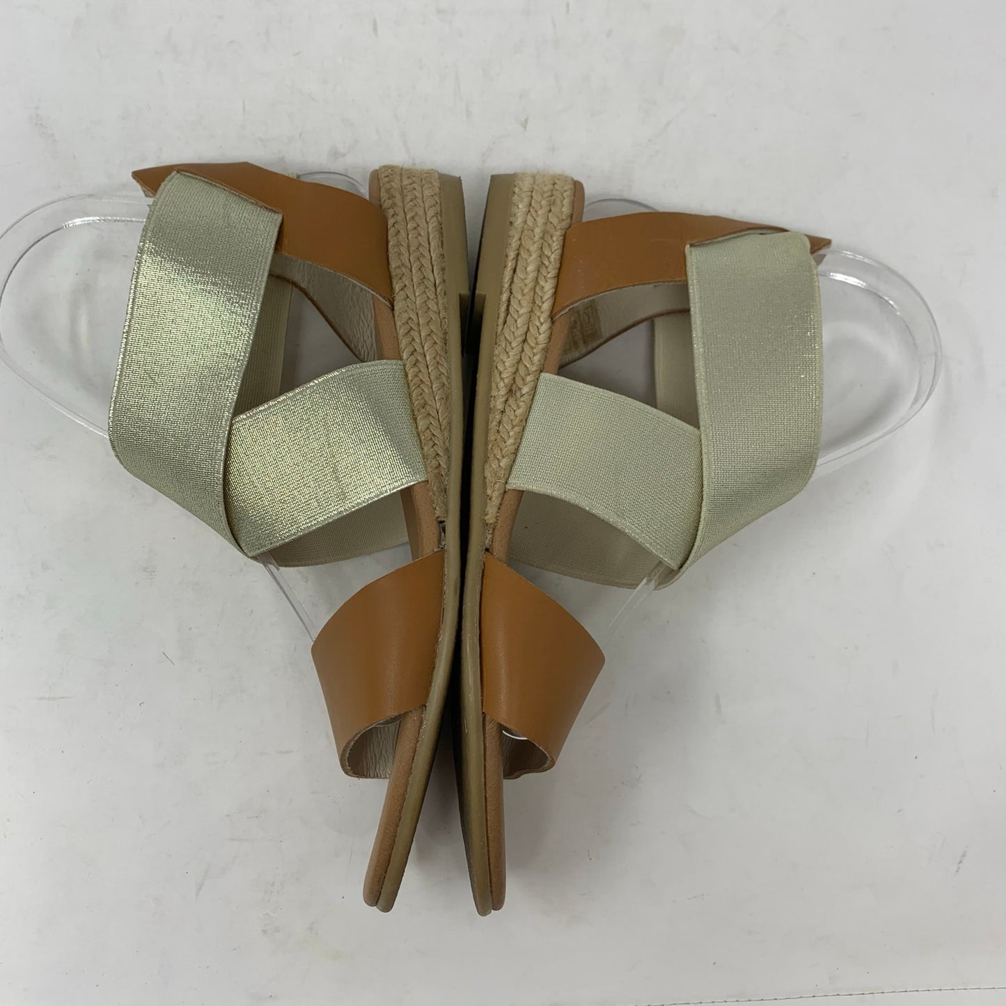 Andre Assous  Tan Leather Metallic Gold Wedge Espadrille Sandal Strappy Size 37