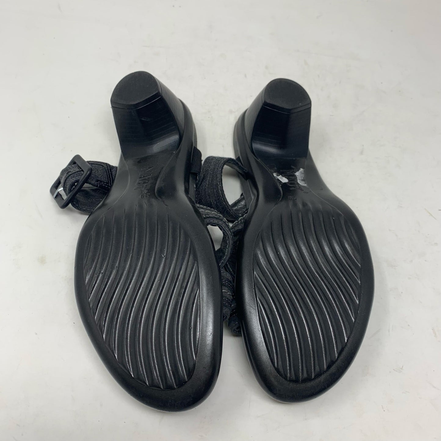 NAOT Marvel Black Leather Fabric Strappy Slide Sandal Mid Heel EU Size 39 Buckle