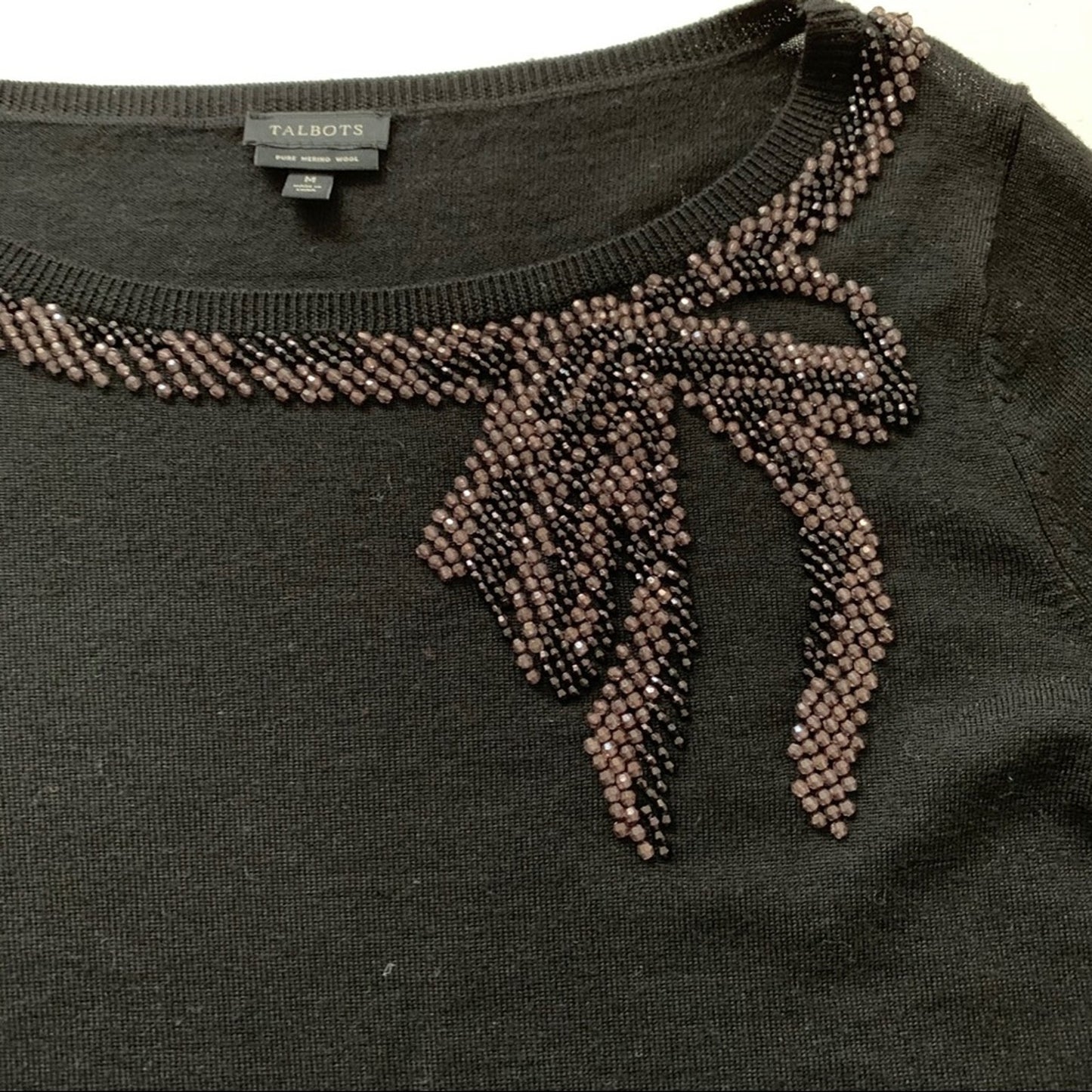 Talbots Merino Wool Black 3/4 Sleeve Sweater Bow M