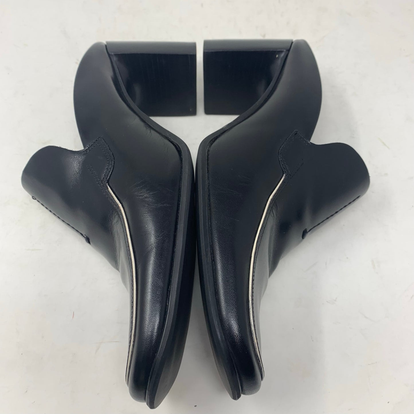 Franco Sarto Black Leather Square Toe Mules Block Heel White Piping Y2K Size 8.5