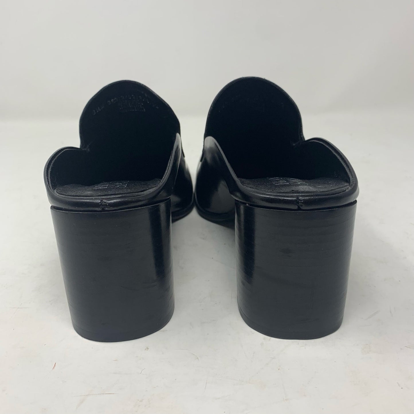 Franco Sarto Black Leather Square Toe Mules Block Heel White Piping Y2K Size 8.5