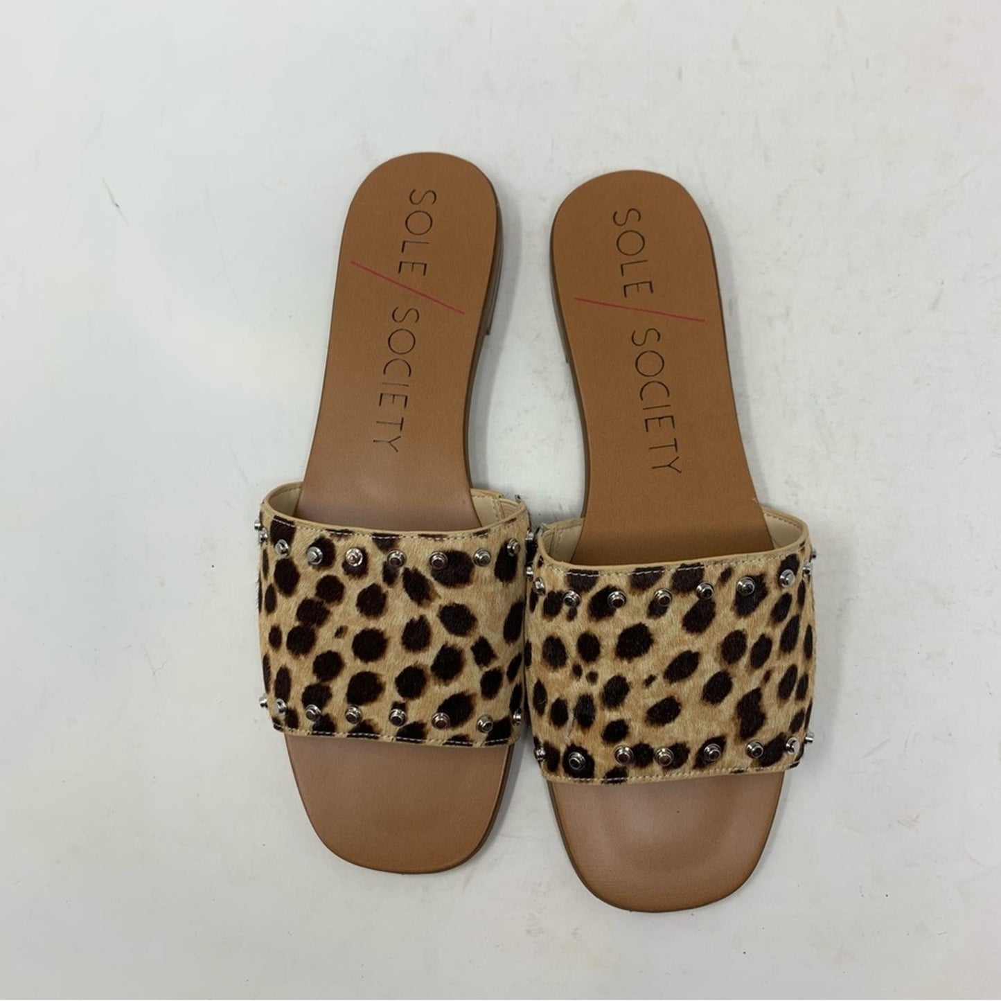 Sole Society Studded Leopard Cheetah Print Slides Sandals Calf Hair size 9