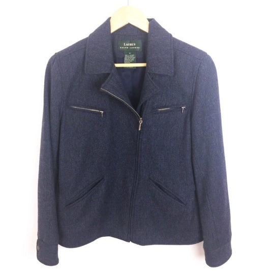 LRL Size 8 Slate Blue Moto Zip Jacket Asymmetric 100% Lambswool