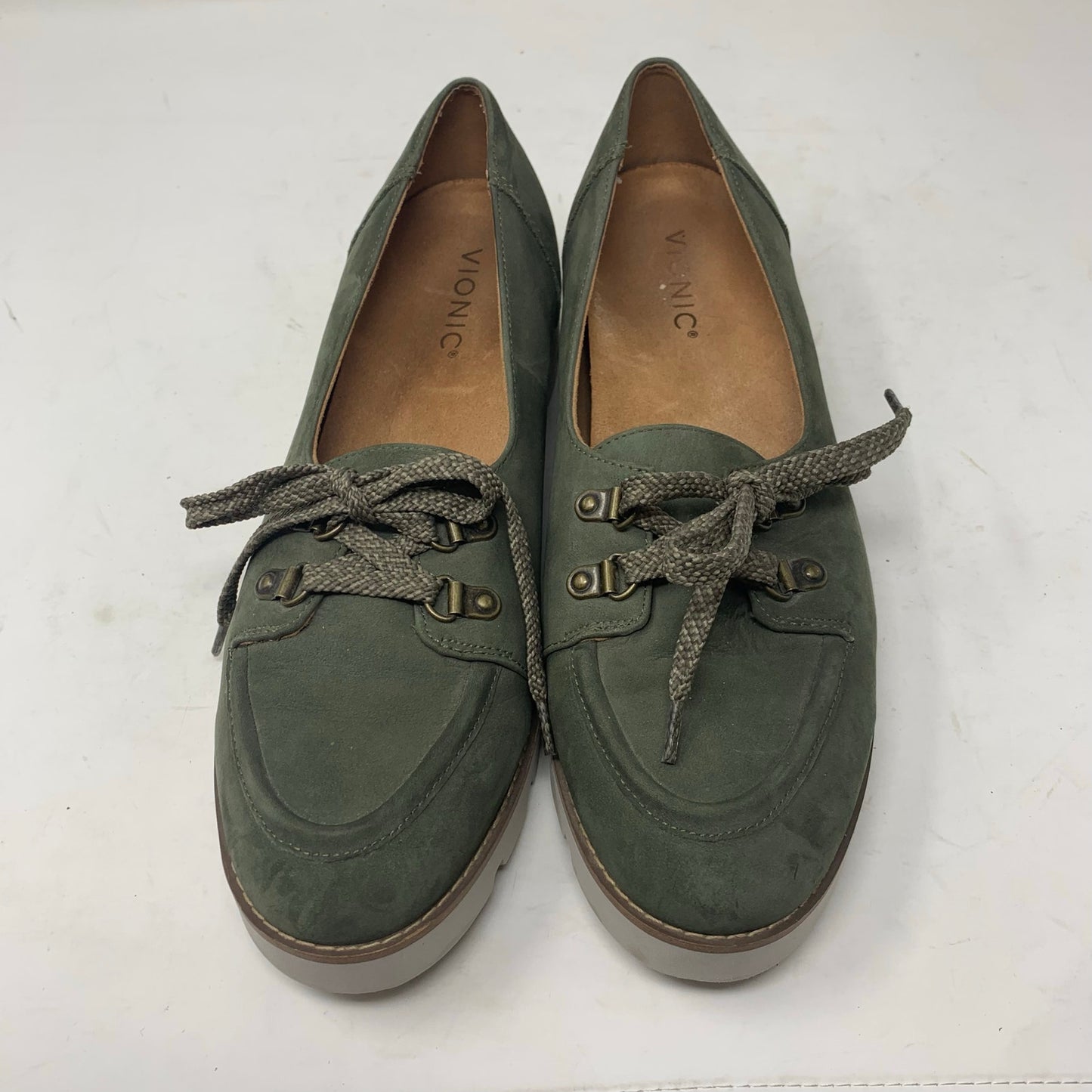 Vionic Teagan Olive Green Suede Loafer Chunky Lug Sole Shoes Oxford Size 9.5