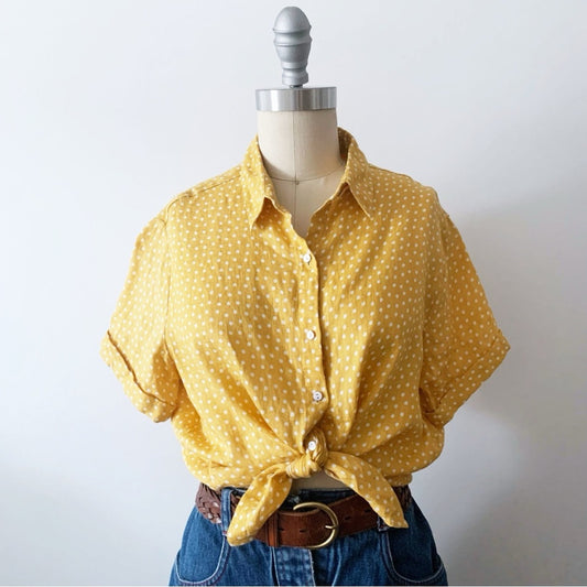 Rachel Zoe XS Linen Yellow Polka Dot Womens Top Short Cuffed Sleeve Button Shirt