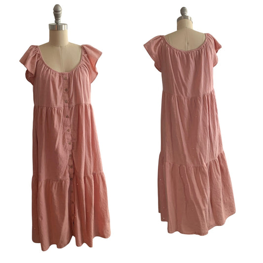 Piper Scoot Sz M 100% Cotton Tiered Midi Peasant Prairie Dress Cottagecore Pink