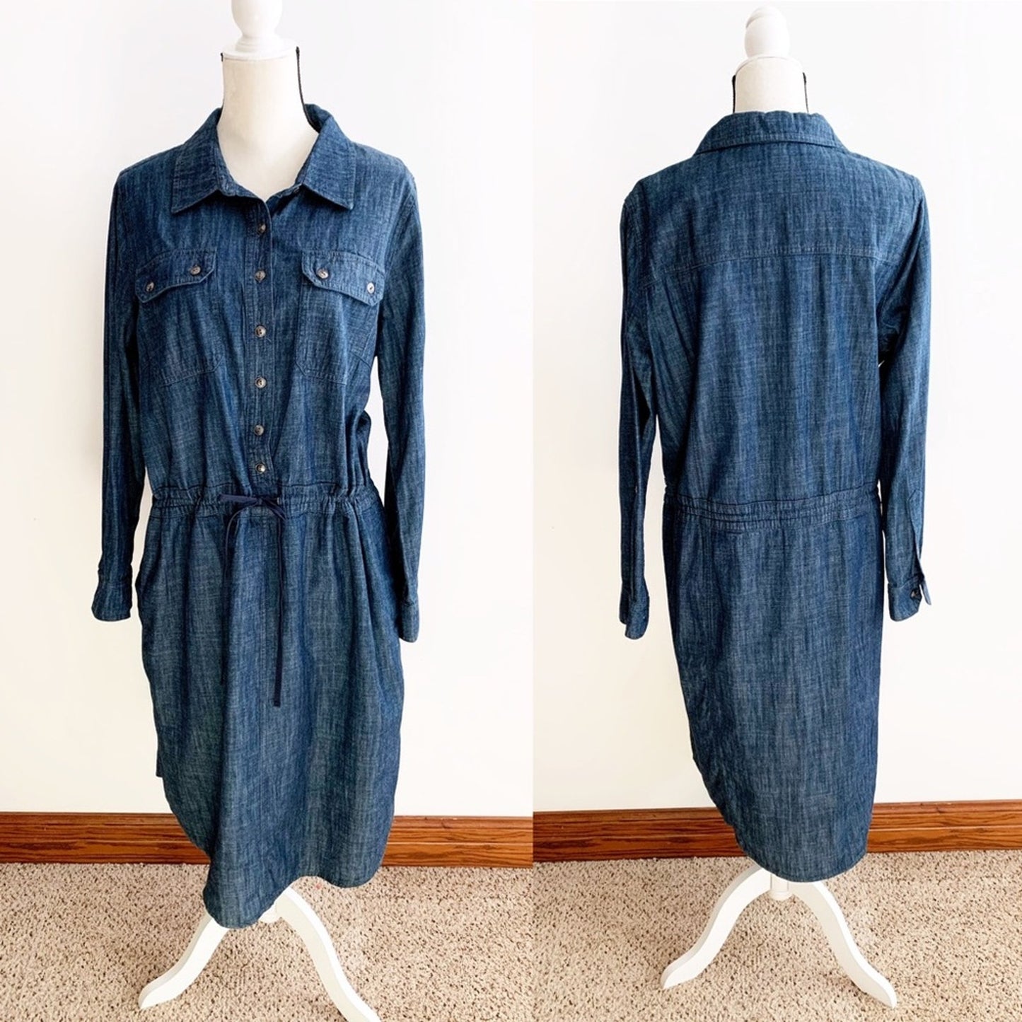 CJ Banks Blue Chambray 100% Cotton Shirtdress Button Drawstring Tab Sleeve 14 W