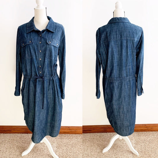 CJ Banks Blue Chambray 100% Cotton Shirtdress Button Drawstring Tab Sleeve 14 W