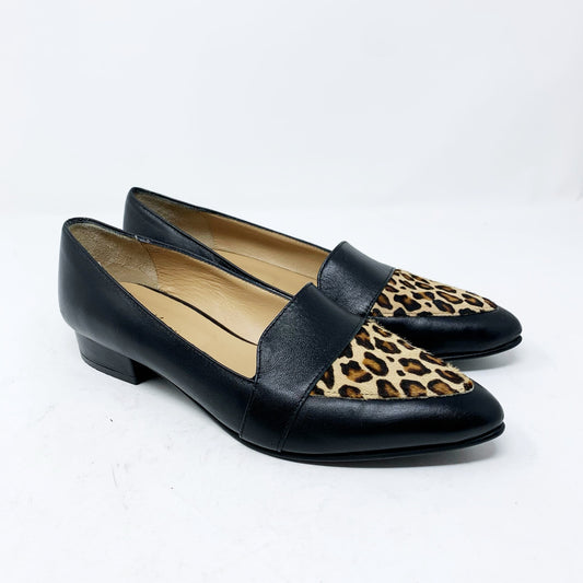 Avellini Black Leather Loafer Pointed Toe Calf Hair Animal Print 40 Made In Italy