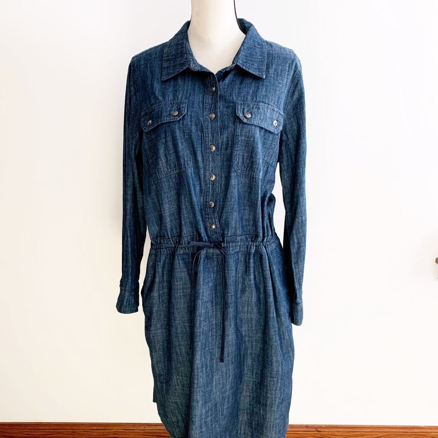 CJ Banks Blue Chambray 100% Cotton Shirtdress Button Drawstring Tab Sleeve 14 W
