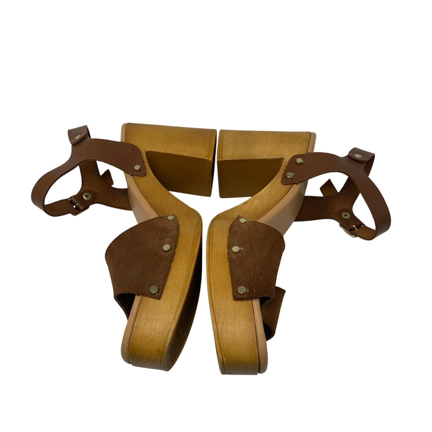 Made in Italy Brown Leather Platform Slingback Sandal Wood Chunky Heel Size 9