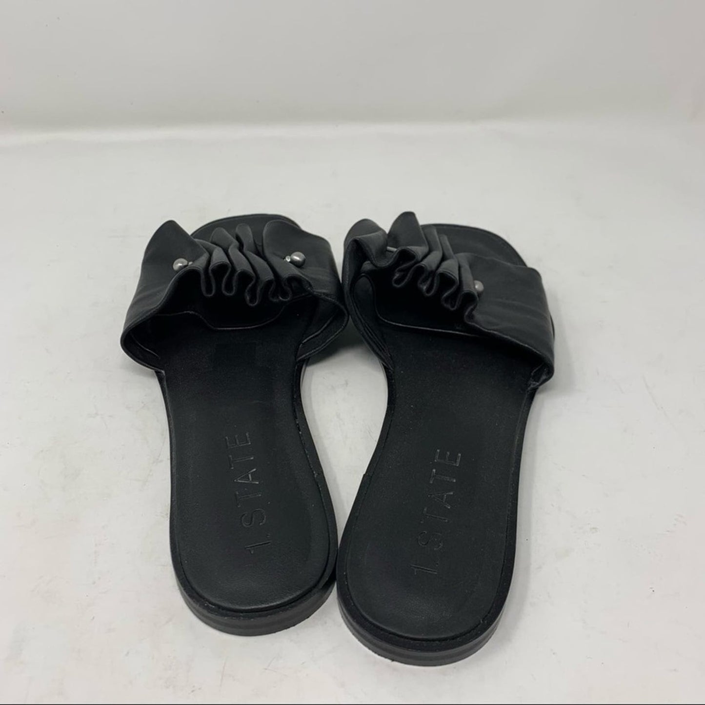 1. State Fann Sandal Black Leather Ruched Ruffled Open Toe Slide Sandal Size 9